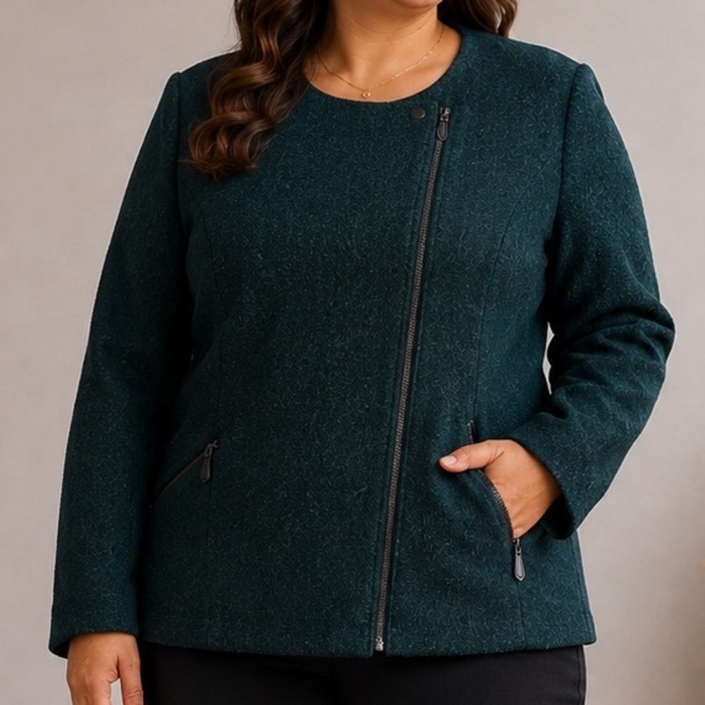 Talbots Women's 18 Green Wool Blend Moto Jacket Zip Front Quiet Luxury Classic